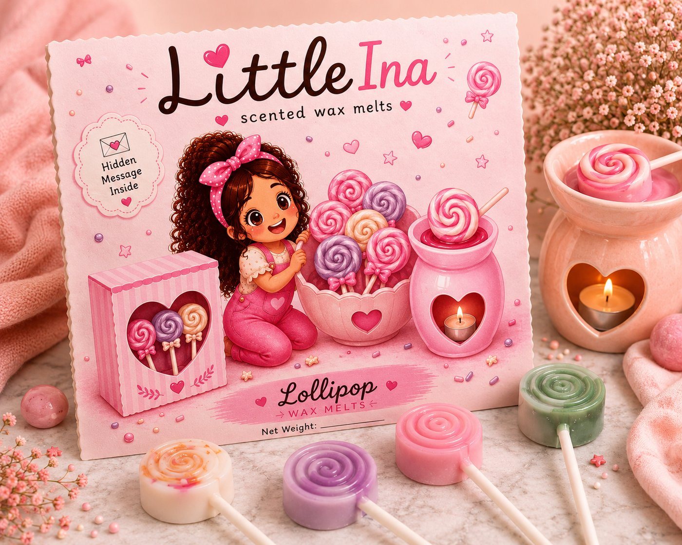 Little Ina — pastel lollipop wax melts with the Little Ina character on the packaging