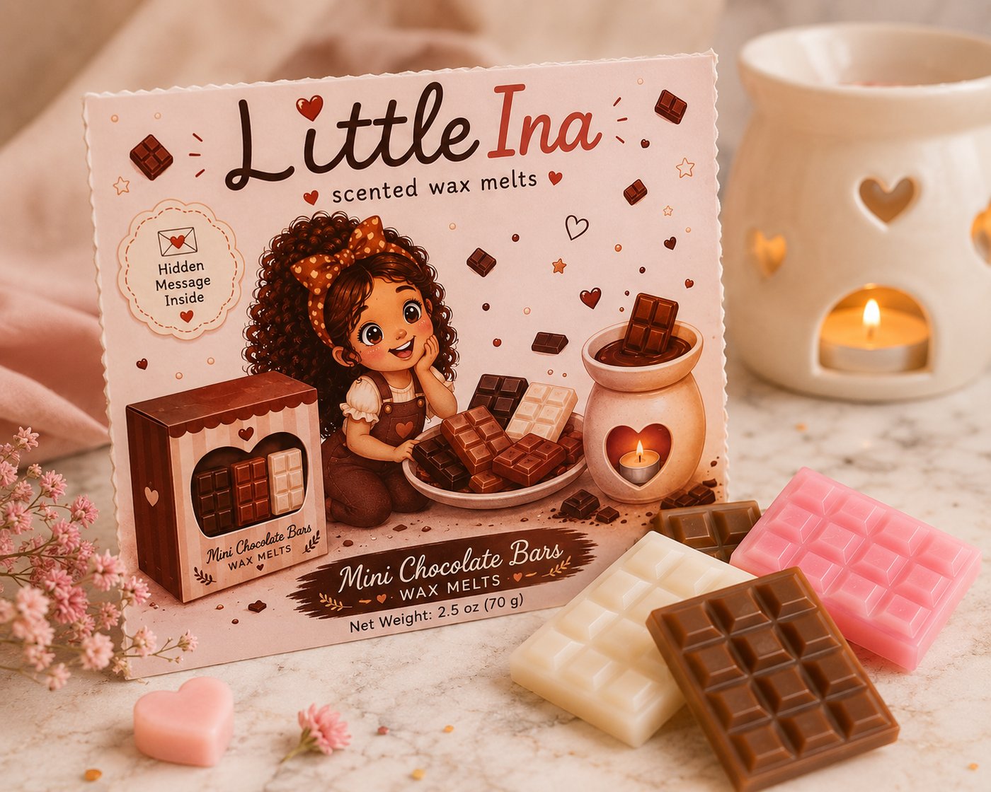 Mini chocolate bar wax melts — dark, white and strawberry